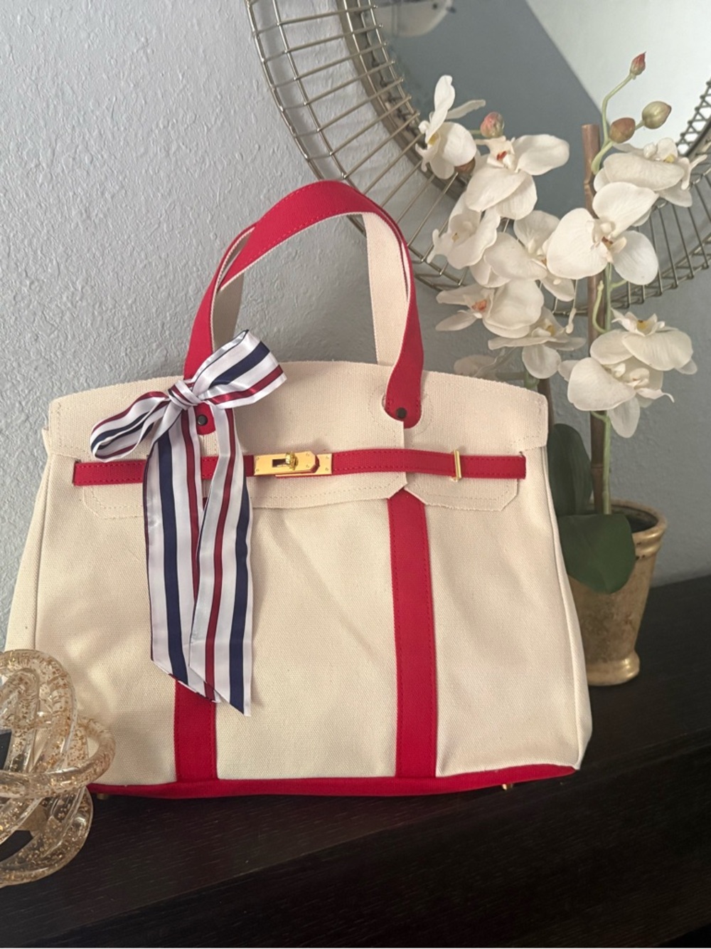 Canvas Tote Bag with Red Trim and Gold Hardware *New/still in packaging*